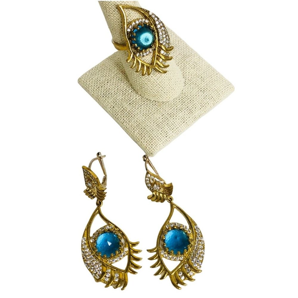 Turkish Handmade 925 Sterling Hamsa Blue CZ Stone Women's Earrings Ring Set New